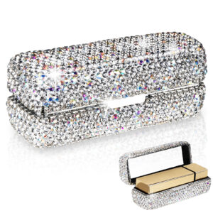 Lipstick Case with Mirror, Rhinestone Crystal Lipstick Organizer for Travel, Portable Bling Diamonds Lip Gloss Storage Holder (White)