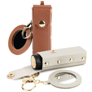 Pack Lipstick Organizer Keychain, Leather Lipstick Case with Mirror for Women, Portable Lip Gloss Bag Lip Balm Holder for Travel (Brown & Grey)