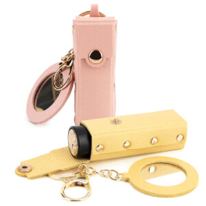 Pack Lipstick Organizer Keychain, Leather Lipstick Case with Mirror for Women, Portable Lip Gloss Bag Lip Balm Holder for Travel (Pink & Yellow)