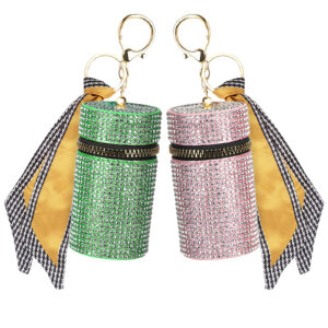 Pack Lipstick Case Keychain, Leather Diamond Lip Gloss Holder, Travel Lipstick Organizer for Purse Perfume Fingernail Polish (Green & Pink)