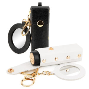 Pack Lipstick Organizer Keychain, Leather Lipstick Case with Mirror for Women, Portable Lip Gloss Bag Lip Balm Holder for Travel (Black & White)